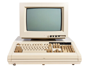 A - Vintage Beige Desktop Computer with Monitor and Keyboard, Front View, Isolated on Black Background.