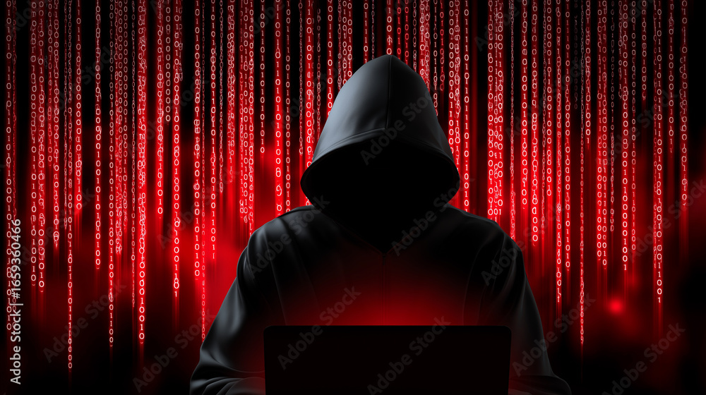 Aufkleber hacker in hoodie using laptop with red digital code background.