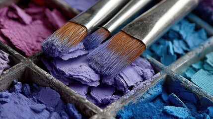 Close-up of makeup brushes in crushed eyeshadow