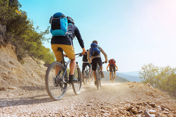 Group of cyclists on mountain trail, eco-tourism concept