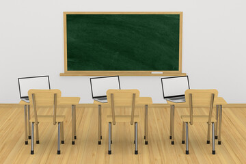 Blackboard and school desk in classroom. 3D illustration