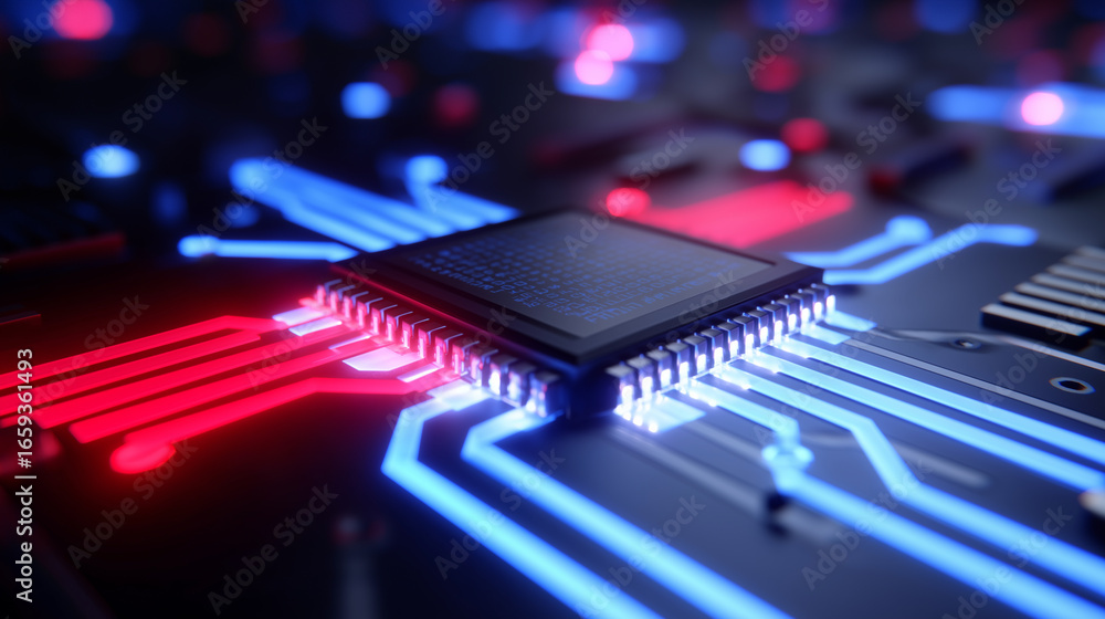 Poster close-up of glowing microchip on circuit board.