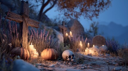 Haunting Halloween display featuring skeleton bones and carved pumpkins in a spooky graveyard setting