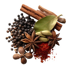Aromatic spice assortment of cooking ingredients on transparent background