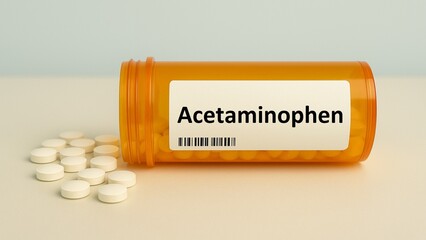 ACETAMINOPHEN box of tablets on hospital pharmacy table, used to relieve mild to moderate pain and...