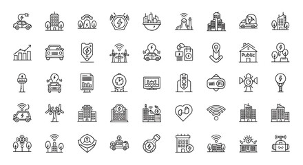 Smart City Technology and Sustainable Energy Thin Line Icon Collection.