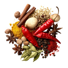 Colorful aromatic spice collection flatlay still life, isolated on transparent background