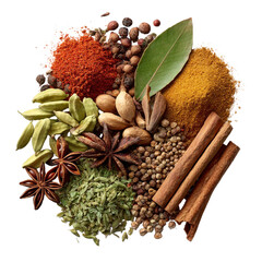 Aromatic assortment of spices and herbs on transparent background