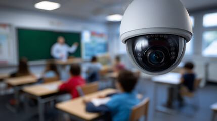 Security camera monitoring classroom with students. 
