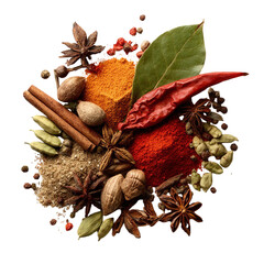 Aromatic and vibrant collection of spices and seasonings on transparent background