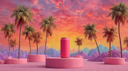 Obraz premium Pink can on pedestal, tropical sunset backdrop