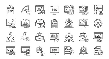 SEO and Digital Marketing line icon set A collection of black outline symbols for web analytics optimization and business.