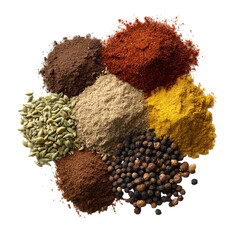 Vibrant colorful spices arranged beautifully together on transparent background
