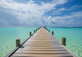 Fototapeta premium Tranquil Beach Getaway Wooden Pier Extending Into Turquoise Waters Under a Bright Blue Sky Escape to Paradise