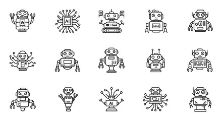 Collection of futuristic robot and artificial intelligence line icons including androids cyborgs and AI microchip symbols.