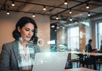 Businesswoman Using Laptop with Digital Data Analytics in Modern Office