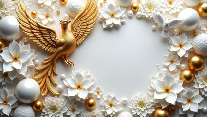 Fototapeta premium Golden Phoenix and White Dove Amid Blossoms of Pure Elegance
