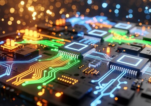 Close Up of Circuit Board with Illuminated Neon Lines in Blue Green Orange Colors