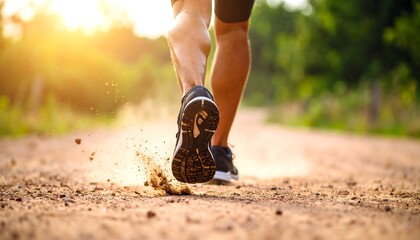 Jogger Running on Dusty Trail Path with Golden Sunlight Behind