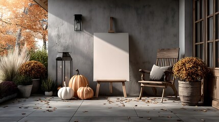 Blank vertical welcome sign mockup for Halloween decor on a cozy porch in an autumn setting with pumpkins and fall foliage