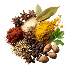 Aromatic spice assortment featuring various ingredients on transparent background