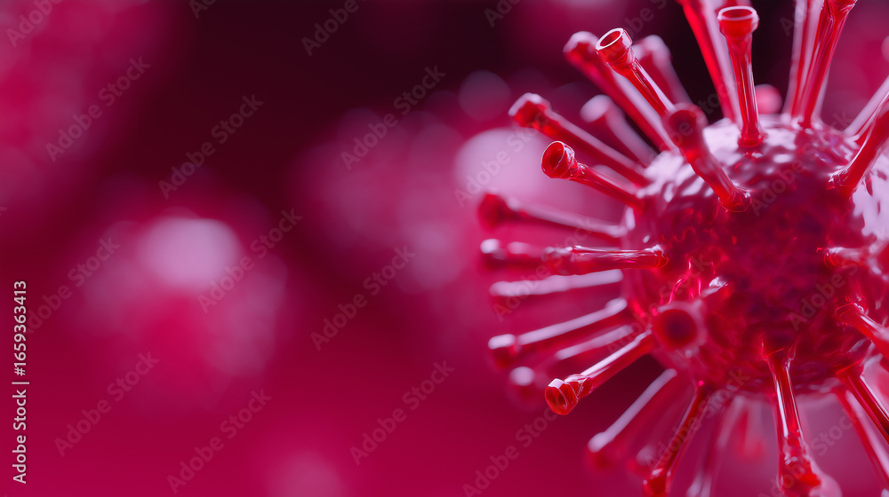 Poster close-up of red virus particle under microscope.