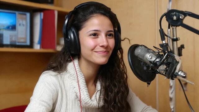 Recording Studio Radiance: A woman with a focused gaze delivers a mesmerizing audio recording, the microphone capturing her every inflection in the quiet solitude of the studio.