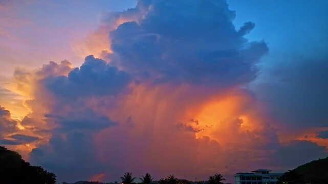 A vivid and dynamic sky captures towering storm clouds illuminated by the warm hues of a setting sun, creating a striking contrast between light and shadow above a darkened forested landscape.