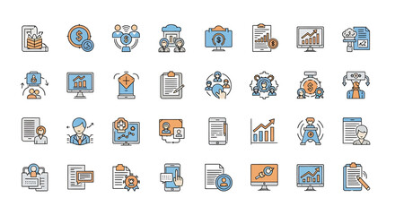 Fototapeta premium Colorful Outline Icon Set for Business Finance and Corporate Themes.