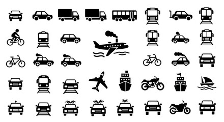 Set of black solid glyph icons representing various modes of transportation and vehicles.
