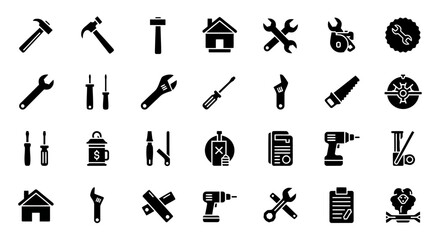 Obraz premium A collection of black glyph icons representing various construction repair and DIY tools.