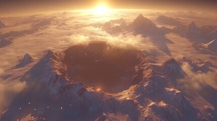 Majestic crater landscape at sunrise aerial view revealing snowy peaks and warm sunlight creating