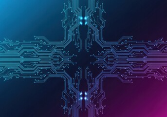 Abstract Digital Circuitry with Bright Blue and Purple Lines on Dark Background
