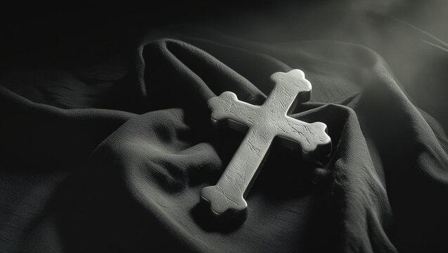 Silver Cross on Dark Fabric with Dramatic Lighting