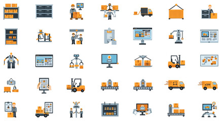 Obraz premium Collection of flat design icons for logistics warehouse automation and supply chain management.