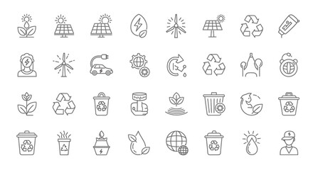 Set of minimalist black line icons for ecology renewable energy sustainability and environmental concepts.