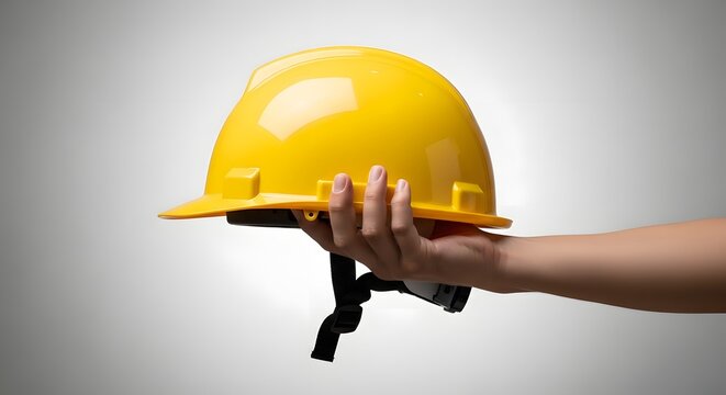 Holding a vibrant yellow hard hat for construction safety awareness campaign uses