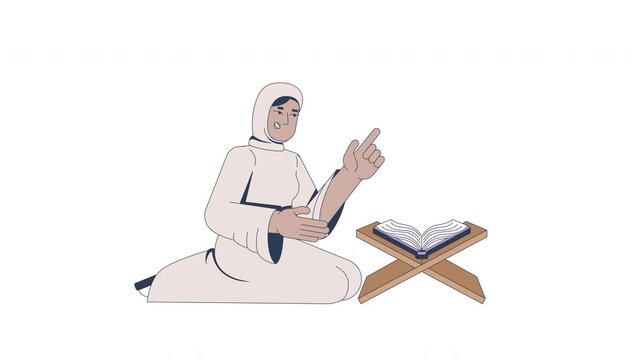 Muslim woman in hijab reciting Quran 2D character animation. Islamic female believer with raised finger near open book on wooden rehal animated person cartoon 4K video isolated on white transparent