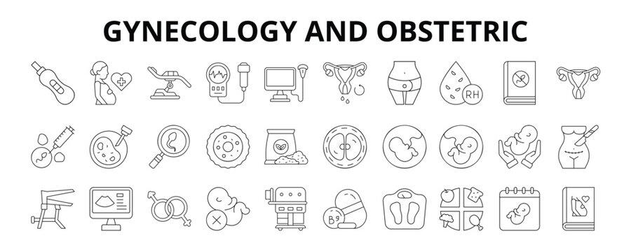 30 Gynecology and Obstetric Line Icons Vector - Pregnancy Test, Gynecological Chair, Ultrasound, Period Cycle, Contraception, Embryo, Egg Cell