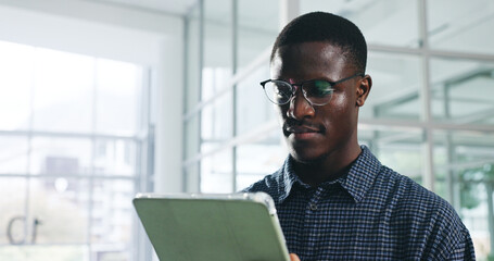 Black man, tablet and scroll at startup, review or reading report for proposal, notes or list in...