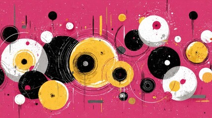 Abstract artwork with overlapping circles in yellow, black, white, and grey on a pink background