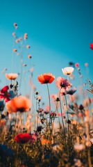 Obraz premium Vibrant red and orange poppies bloom in a sunlit meadow under a clear blue sky