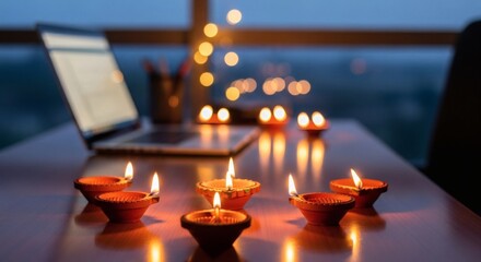 Diwali diwali celebration in the office with lit diya lamps on the desk, creating a warm and festive atmosphere during the hindu festival