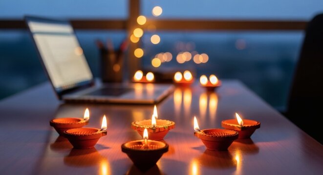 Diwali diwali celebration in the office with lit diya lamps on the desk, creating a warm and festive atmosphere during the hindu festival
