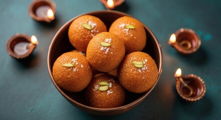 Diwali diwali sweets laddu in bowl with diya candles isolated on white background, a traditional indian dessert for hindu festival