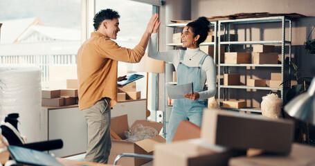 Team, people and high five for delivery success with invoice paperwork, tablet and dropshipping...