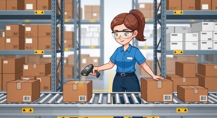 Animated Warehouse Worker Scanning Boxes on Conveyor