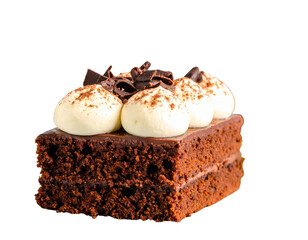 Slice of Chocolate Cake with Cream Topping Isolated on White