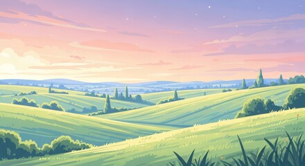 Serene Rolling Hills, Pastel Sky, Cartoon Landscape