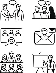 Fototapeta premium Corporate Communication Icon Pack Diverse People Interacting in Workspaces